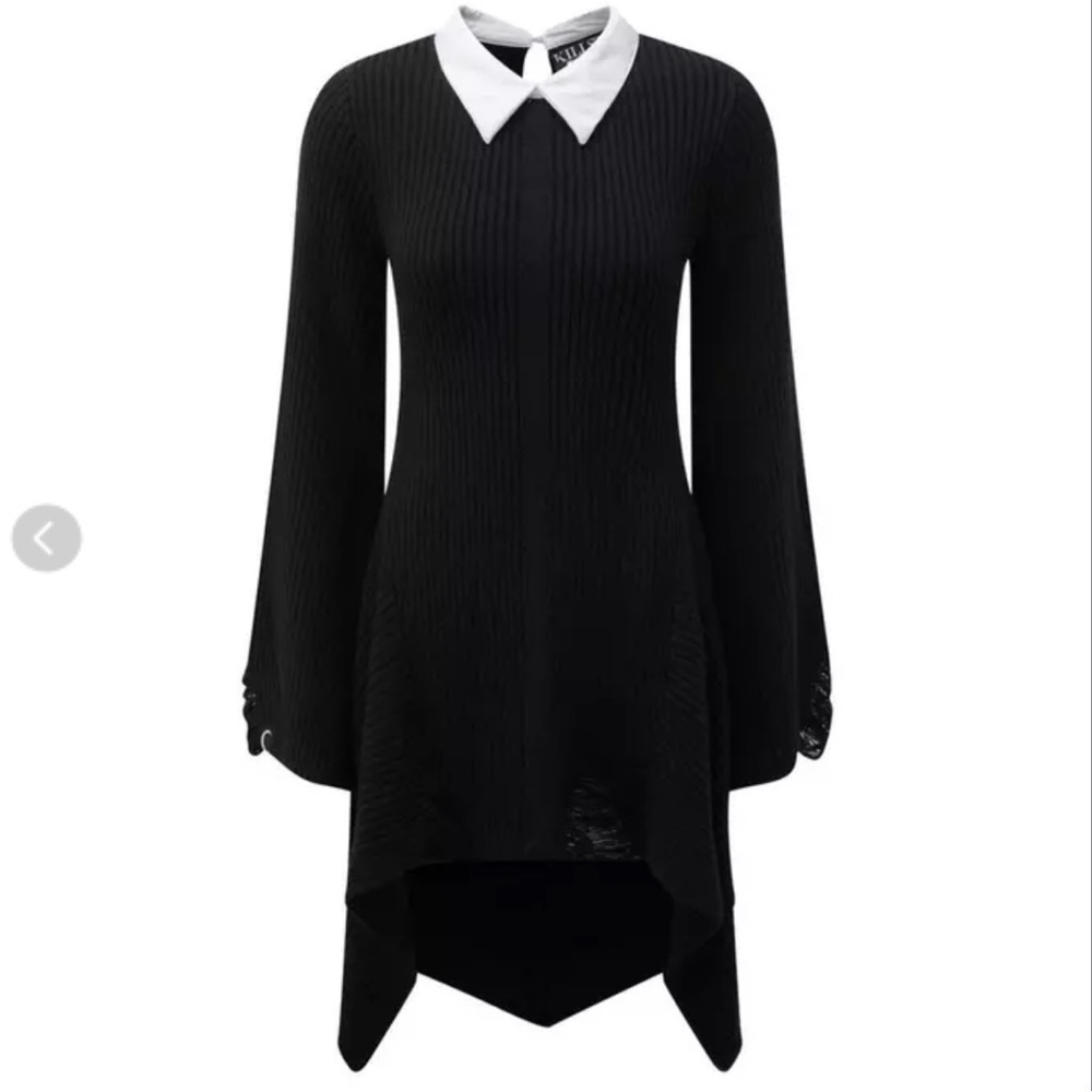 Killstar Black Hellda Distressed Long Sleeve Sweater Dress with White Collar